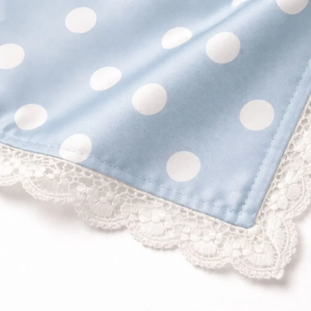 For Love & Lemons Polka Dot Scarf Blue Lace Trim Silk Head Neck Square UO New